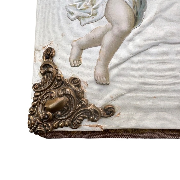 Antique Victorian Wood Leather Album Cherubs Ormolu Latch Accents Cabinet Cards - Picture 6 of 16